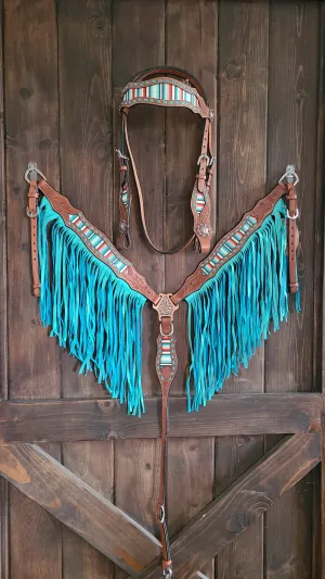 Teal Serape Fringe Headstall and Breast Collar Set