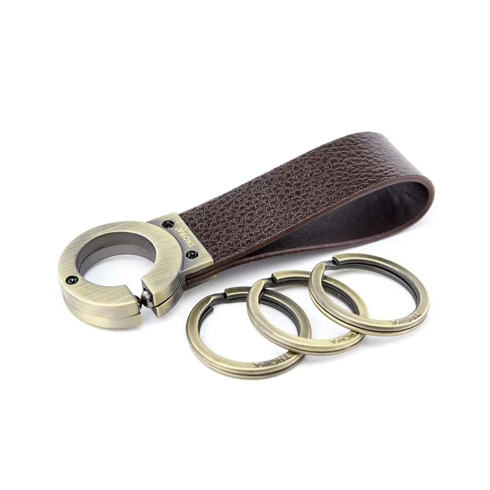 TROIKA Key-Click Leather Keychain with Click Mechanism - Brown/Antique Gold