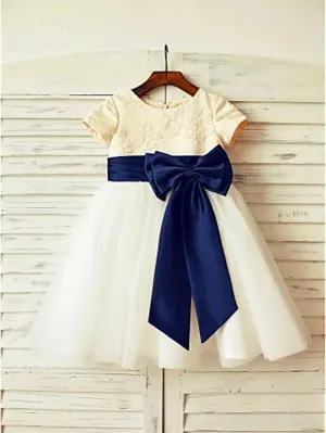 Tulle Princess Scoop Short Sleeves Flower Girl Dresses Floor Length Dress With Bowknot