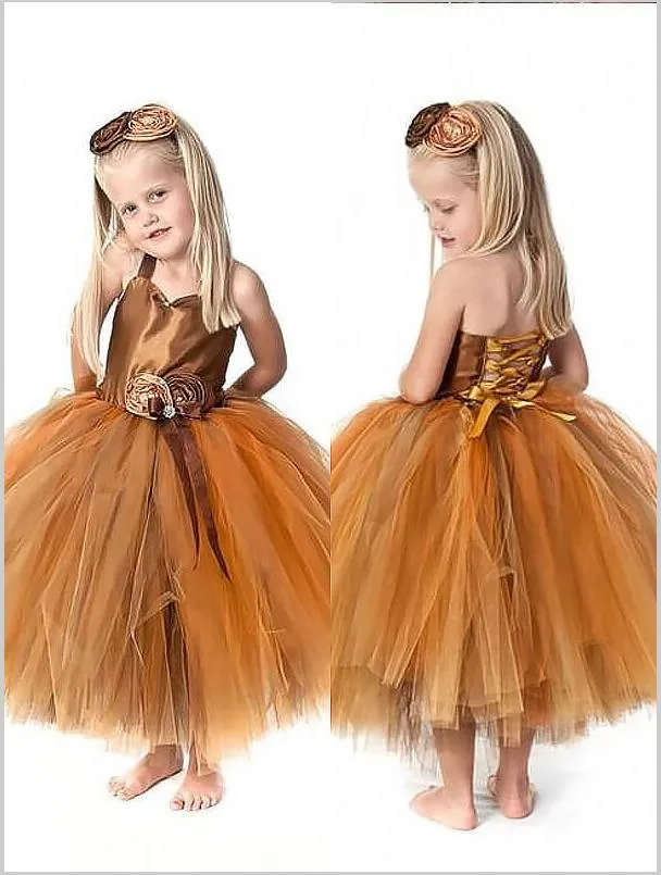 Tulle Straps Sleeveless Flower Girl Dresses Tea-Length Ball Gown With Hand-Made Flower