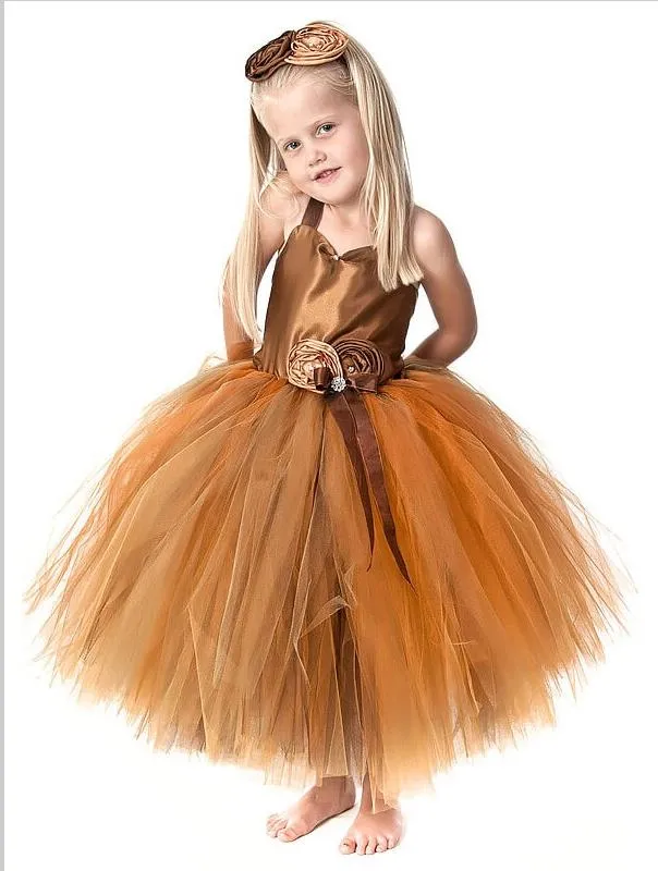 Tulle Straps Sleeveless Flower Girl Dresses Tea-Length Ball Gown With Hand-Made Flower