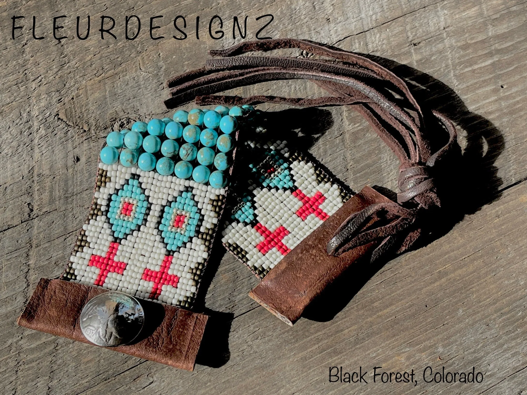 Turquoise and Leather Loom Cuff Bracelet, Prairie Drifter