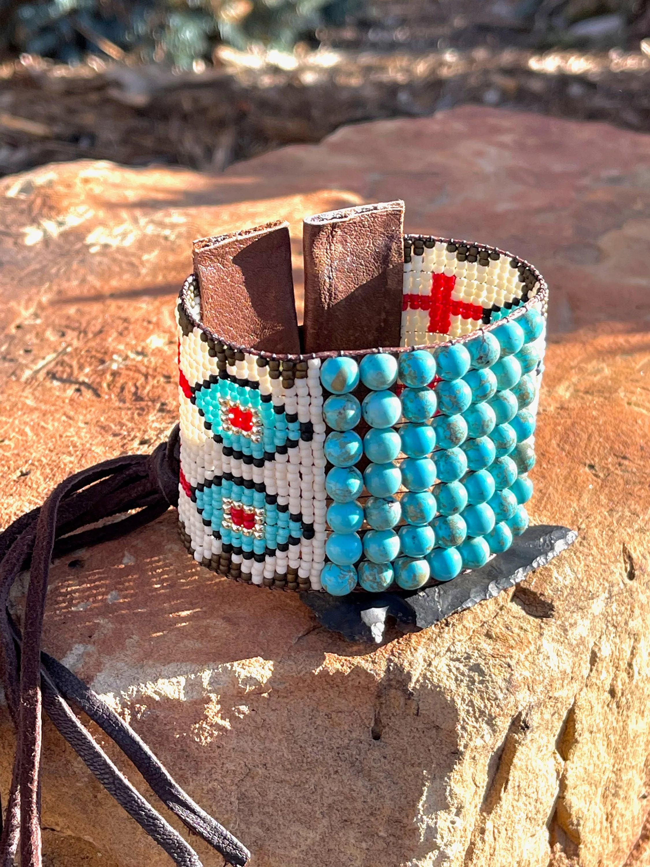 Turquoise and Leather Loom Cuff Bracelet, Prairie Drifter