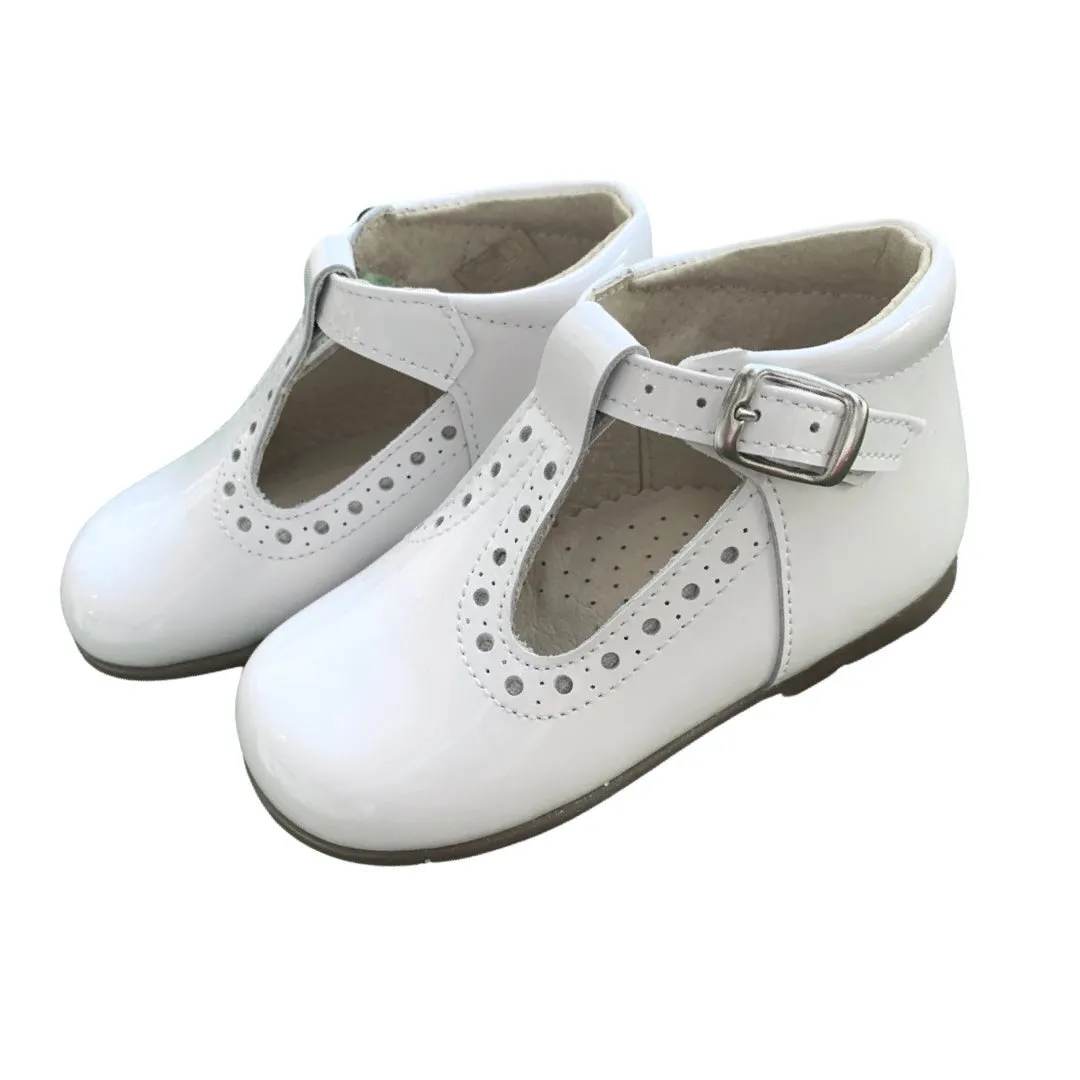 Unisex White Patent T-bar Shoe