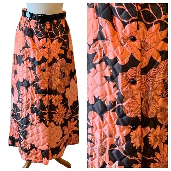 Vintage 1960s Pink &amp; Black Floral Quilted Skirt with Patent Leather Belt - 8/10