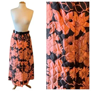 Vintage 1960s Pink &amp; Black Floral Quilted Skirt with Patent Leather Belt - 8/10