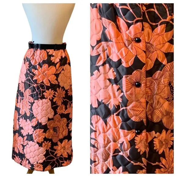 Vintage 1960s Pink &amp; Black Floral Quilted Skirt with Patent Leather Belt - 8/10