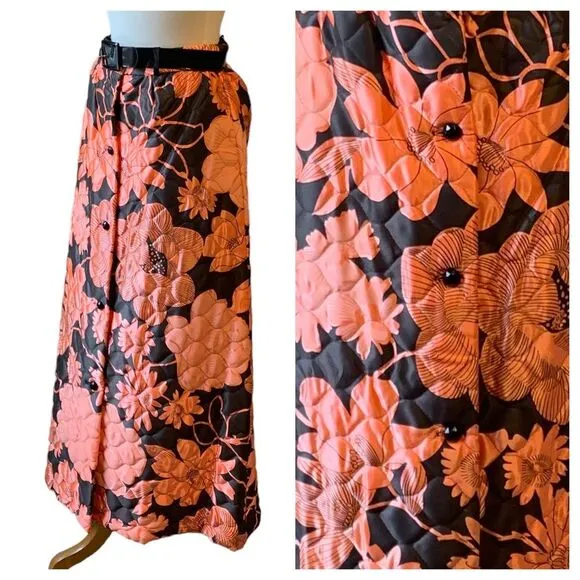 Vintage 1960s Pink &amp; Black Floral Quilted Skirt with Patent Leather Belt - 8/10