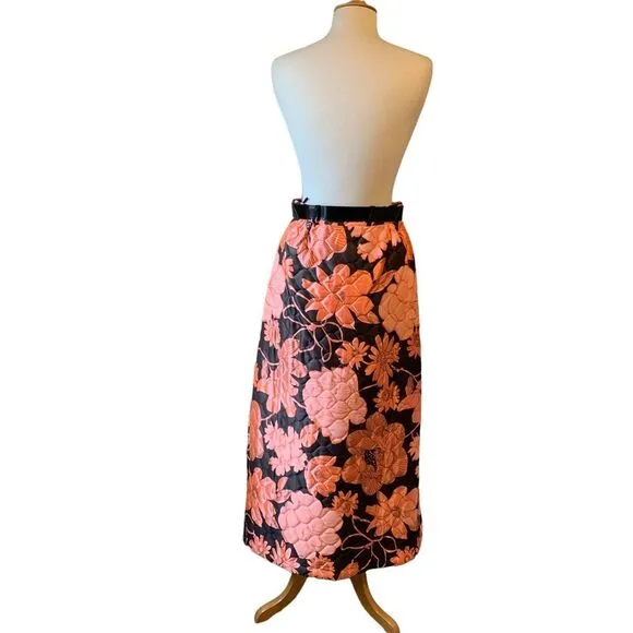 Vintage 1960s Pink &amp; Black Floral Quilted Skirt with Patent Leather Belt - 8/10