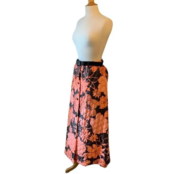 Vintage 1960s Pink &amp; Black Floral Quilted Skirt with Patent Leather Belt - 8/10