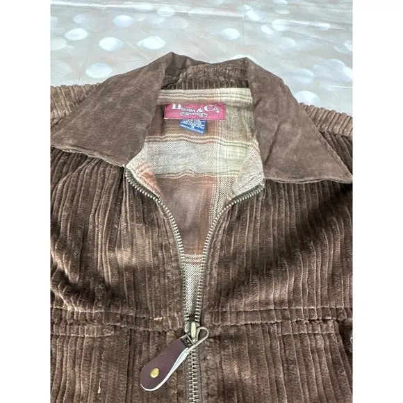 VTG Denim &amp; Co. Womens Corduroy Zip Jacket With Leather Collar Brown Small NEW
