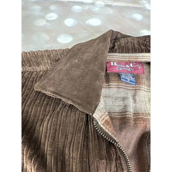 VTG Denim &amp; Co. Womens Corduroy Zip Jacket With Leather Collar Brown Small NEW