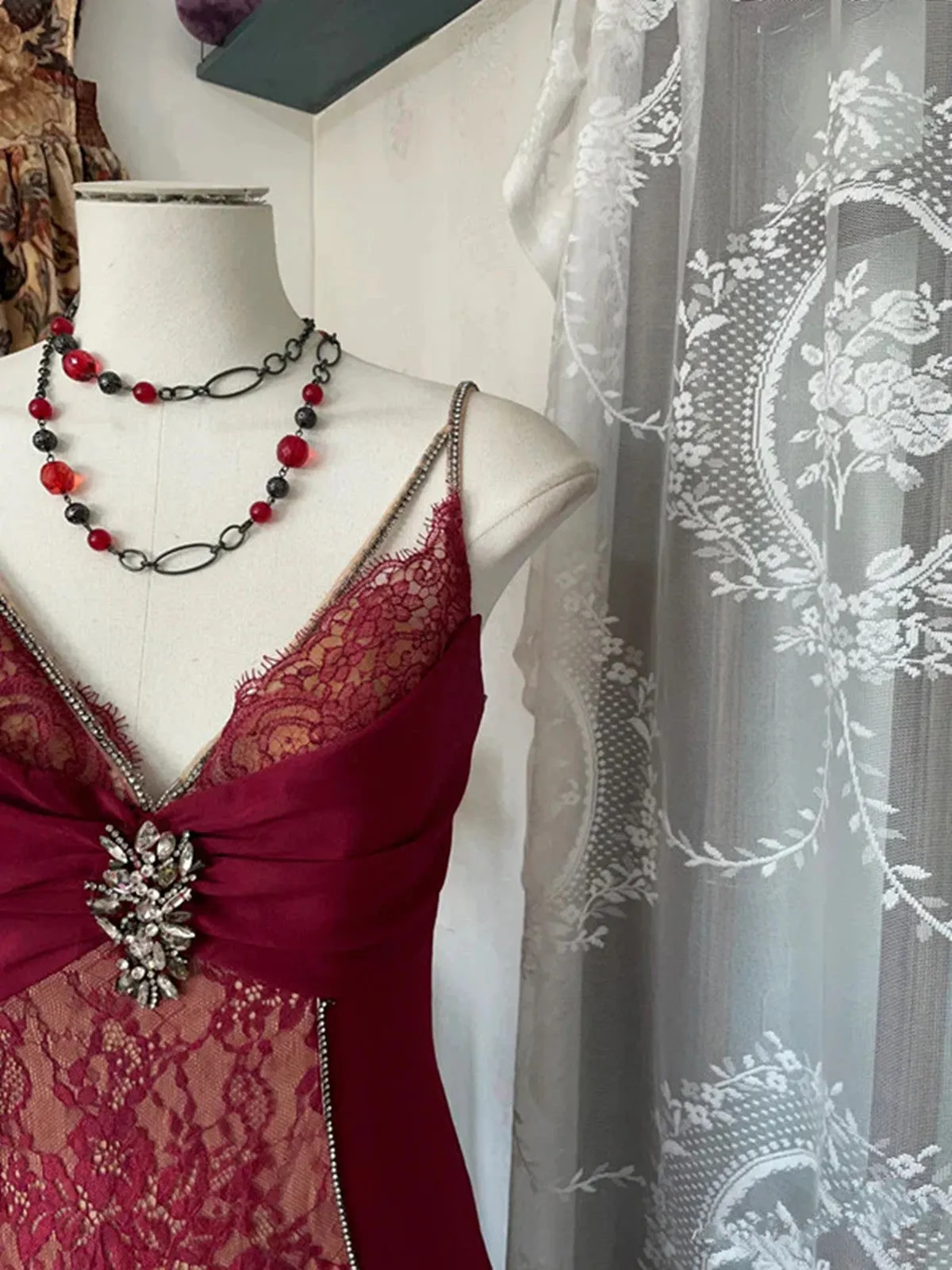 Wine Red Mermaid Straps Sweetheart Party Dress, Wine Red Lace Prom Dress