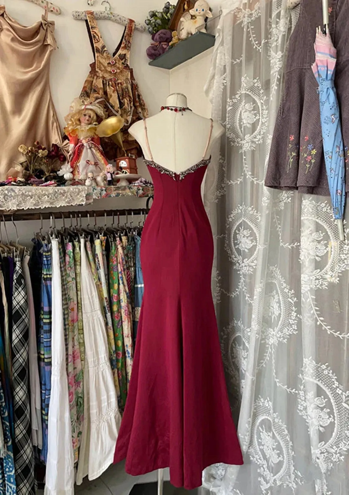 Wine Red Mermaid Straps Sweetheart Party Dress, Wine Red Lace Prom Dress