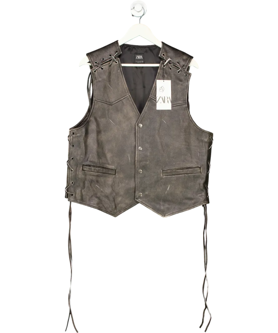 ZARA Brown Vintage Effect Leather Waistcoat UK L
