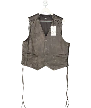 ZARA Brown Vintage Effect Leather Waistcoat UK L
